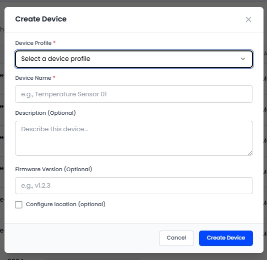 The Add Device form with fields for name, description, and device profile