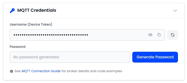 The Device Credentials tab showing the device's MQTT username and password controls