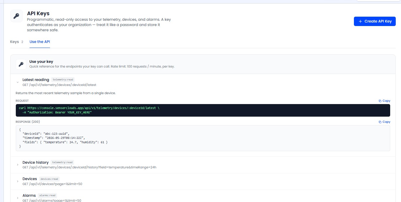The "Use your key" reference panel on the API Keys page with a copy-paste quick-test snippet